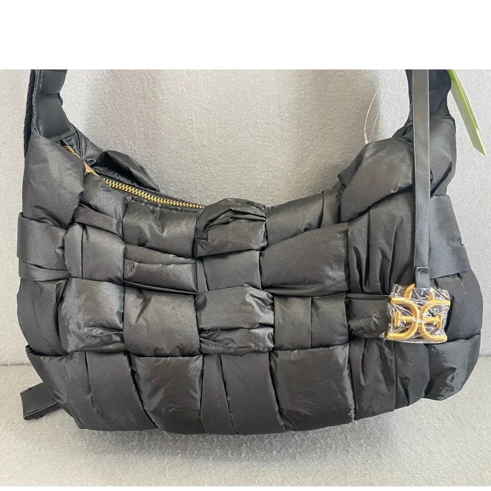 Sam Edelman ELCIE Black Puffer Woven Quilted Hobo Shoulder Bag Gold Logo NWT
